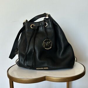 MK Michael Kors Black Leather Drawstring Bucket Bag